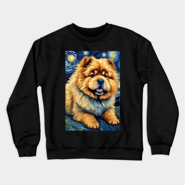 Chow Chow Dog Breed Painting in a Van Gogh Starry Night Art Style Crewneck Sweatshirt by Art-Jiyuu